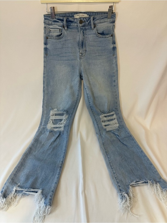 Hidden Denim - Hidden Light Blue Distressed Flare Jeans with Frayed Hem